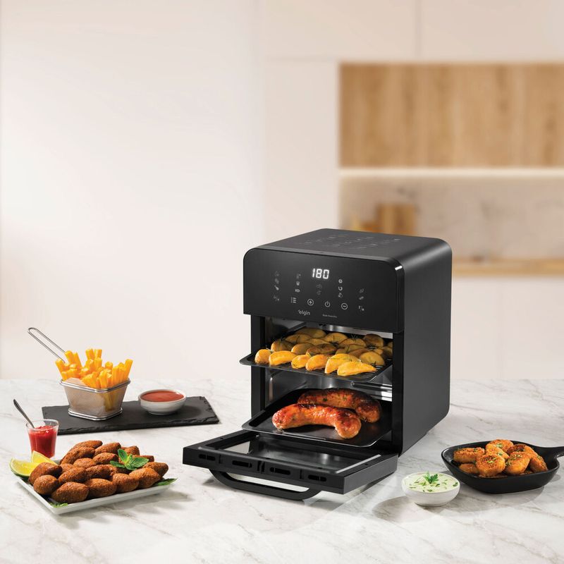 elgin-style-oven-fry-10l-air-fryer-forno-preparando-batatas-linguiça-e-petiscos-em-cozinha-moderna